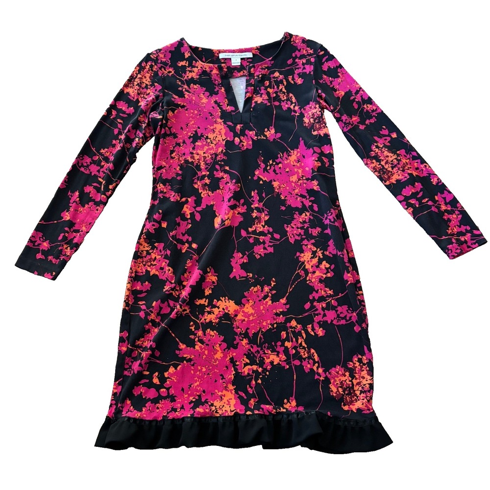 Diane von Furstenberg DVF Floral Ruffle Hem Long Sleeve Shift Dress Black Pink 8